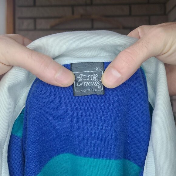 Vintage 80s 'Le Tigre' navy/turquoise striped long-sleeve rugby shirt men's XL - Picture 4 of 4